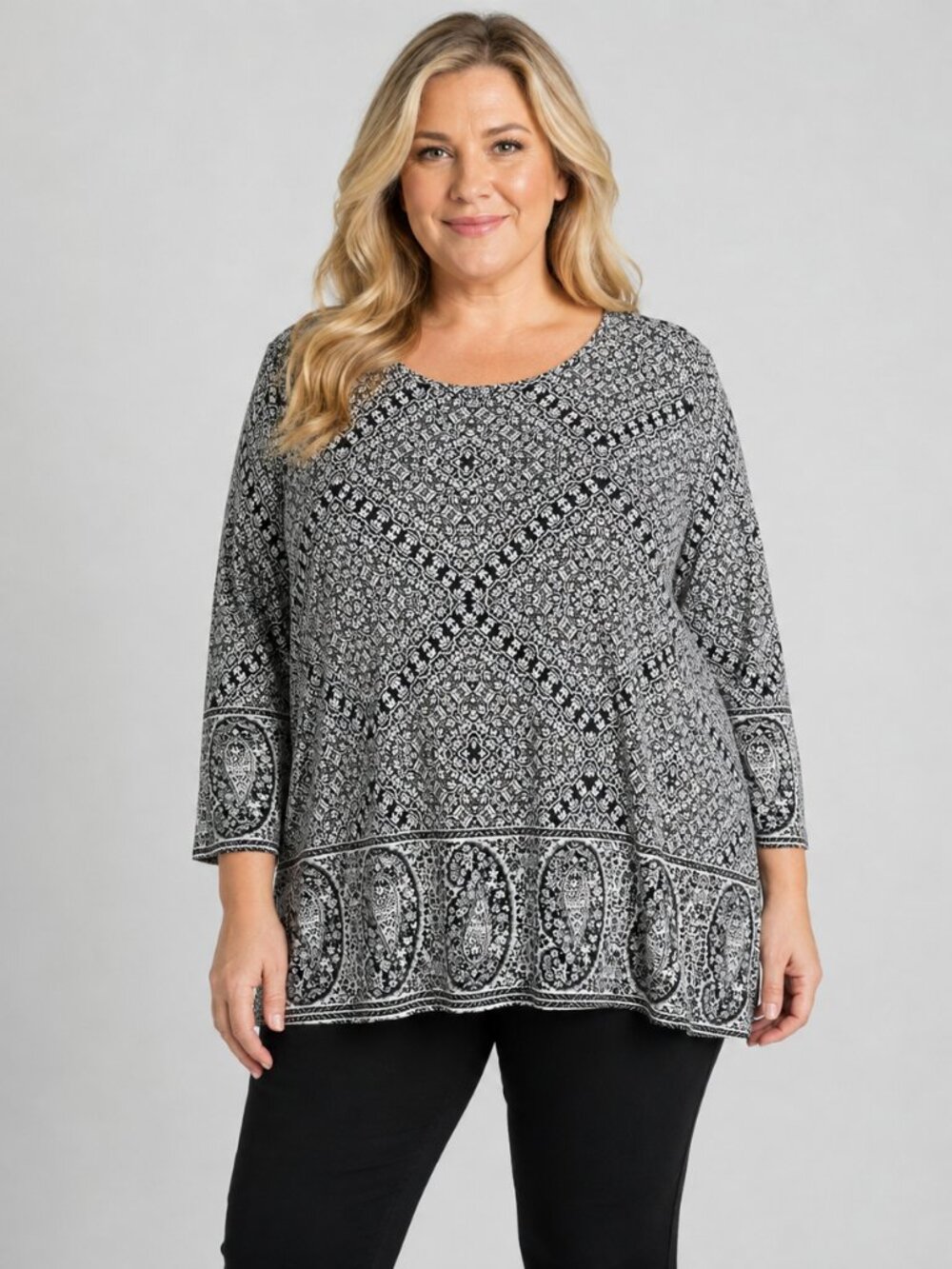 Lucky Brand 2X Paisley Modal Top Black White Boho Chic 3/4 Sleeve Blouse